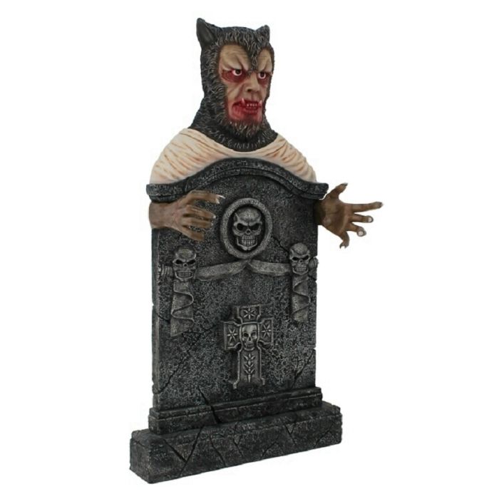 Werwolf Grabstein mit Totenköpfen und Kreuz lebensgroß Dekorationsfigur