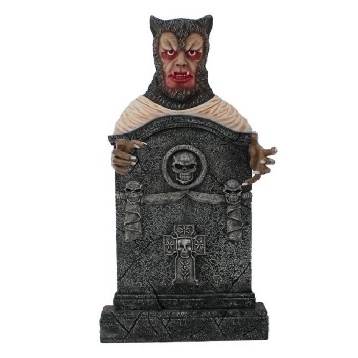 Werwolf Grabstein mit Totenköpfen und Kreuz lebensgroß Dekorationsfigur