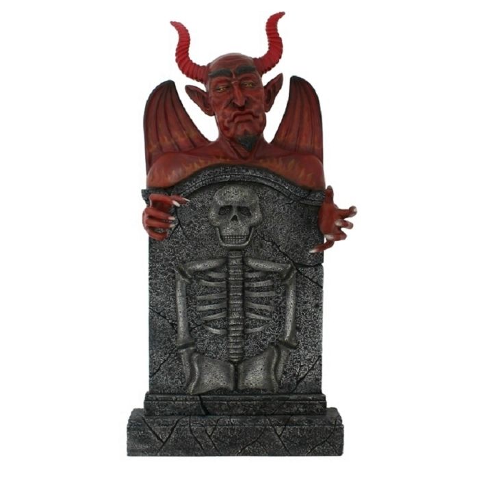 Teufel Grabstein mit Skelett lebensgroß Dekorationsfigur