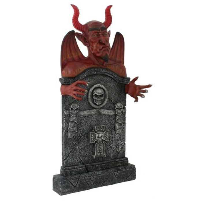 Teufel Grabstein mit Totenköpfen und Kreuz lebensgroß Dekorationsfigur