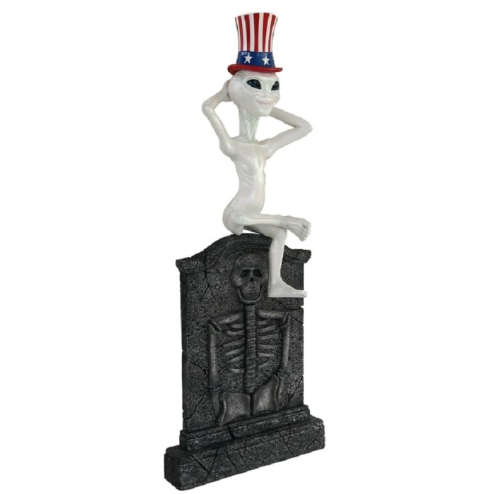 Alien mit amerikanischem Hut Grabstein mit Skelett lebensgroß Dekorationsfigur