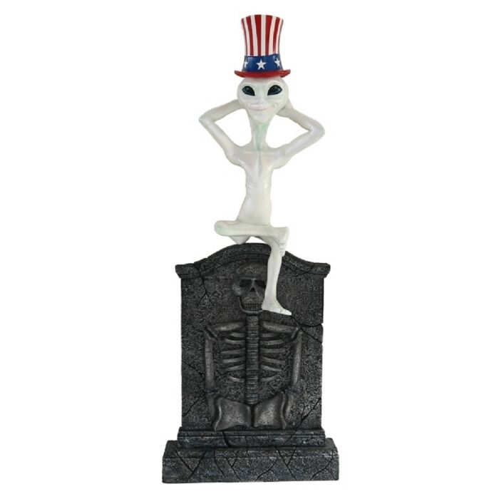 Alien mit amerikanischem Hut Grabstein mit Skelett lebensgroß Dekorationsfigur