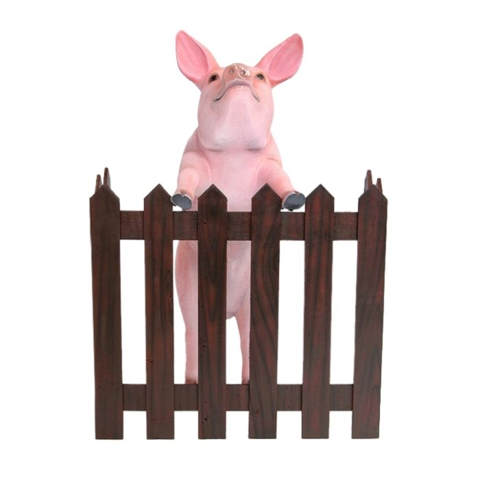 Rosa Schwein stehend am Zaun lebensgroß Dekorationsfigur