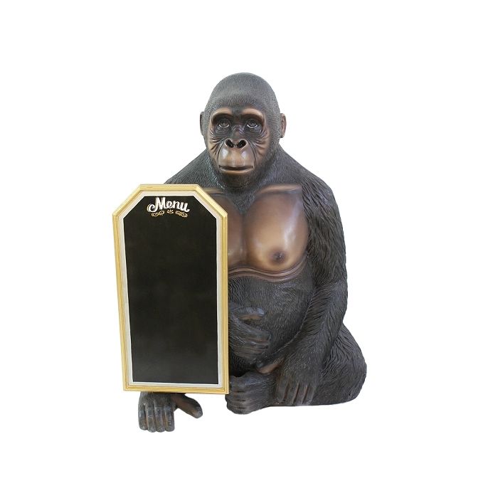 sitzender Gorilla mit Angebotstafel lebensgroß Deko- & Werbefigur
