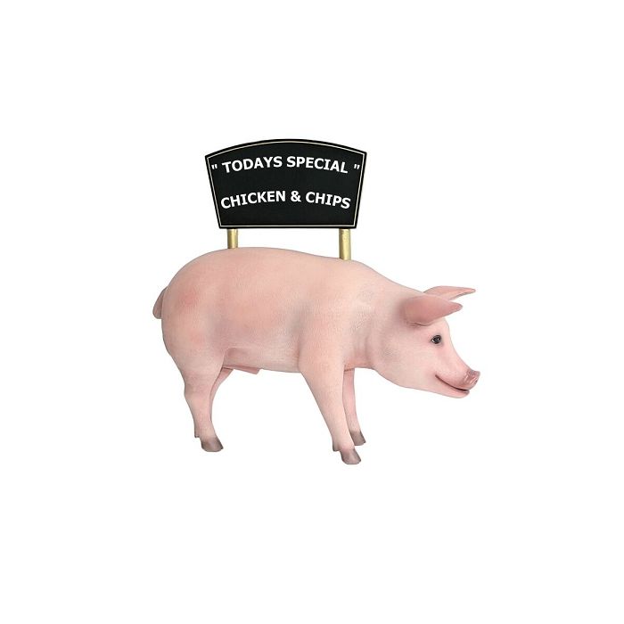rosa Schwein mit Angebotsschild lebensgroß Angebotstafel