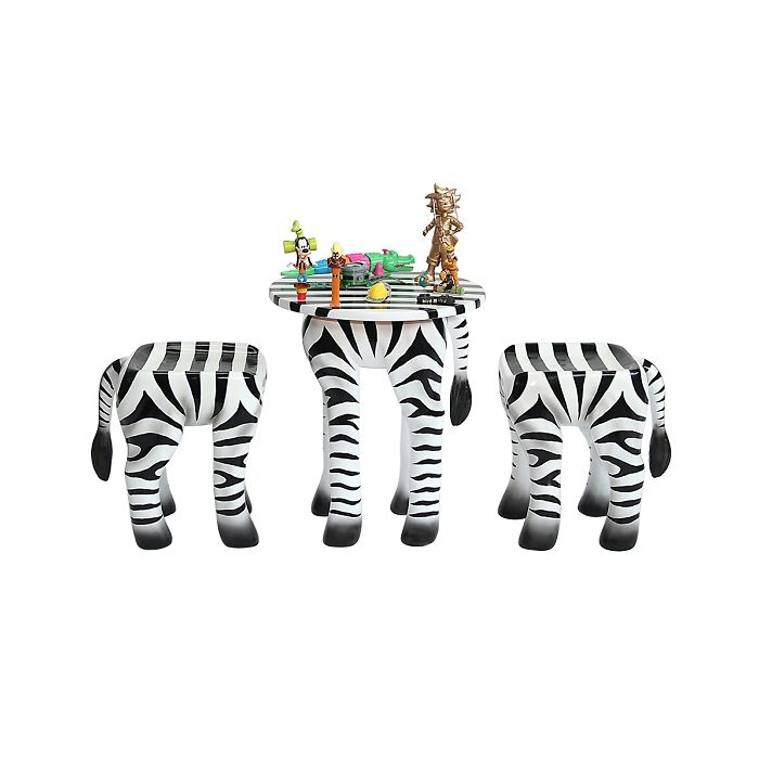 Tisch mit 2 Hockern Zebra für Kinder verkleinert Sitzmöglichkeit