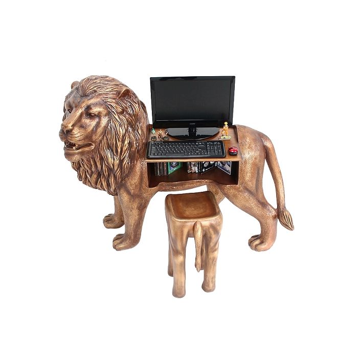 Goldener Löwe Computertisch mit Hocker lebensgroß Sitzmöglichkeit, Tisch