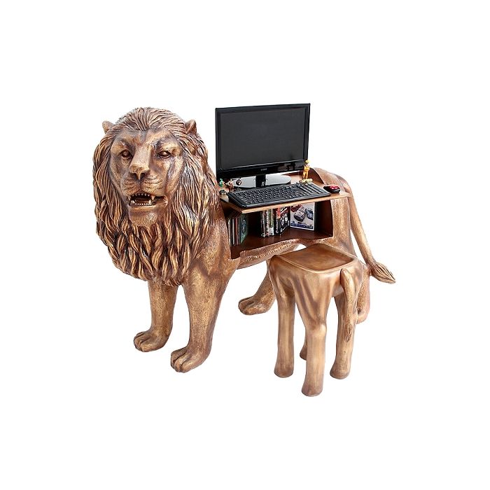 Goldener Löwe Computertisch mit Hocker lebensgroß Sitzmöglichkeit, Tisch