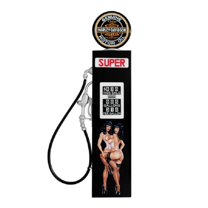 Antike Zapfsäule Schwarz mit sexy rockabilly Frauen als Wanddeko verkleinert Dekorationsfigur