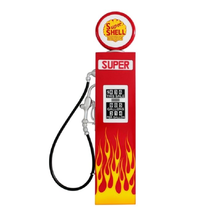 Retro Zapfsäule Rot mit Flammen als Wanddeko verkleinert Dekorationsfigur