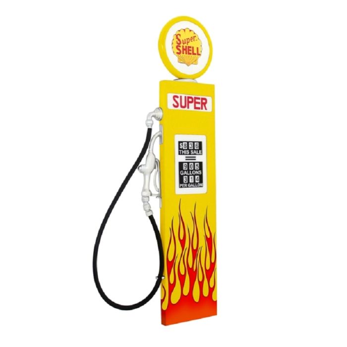 Retro Zapfsäule Gelb mit Flammen als Wanddeko verkleinert Dekorationsfigur
