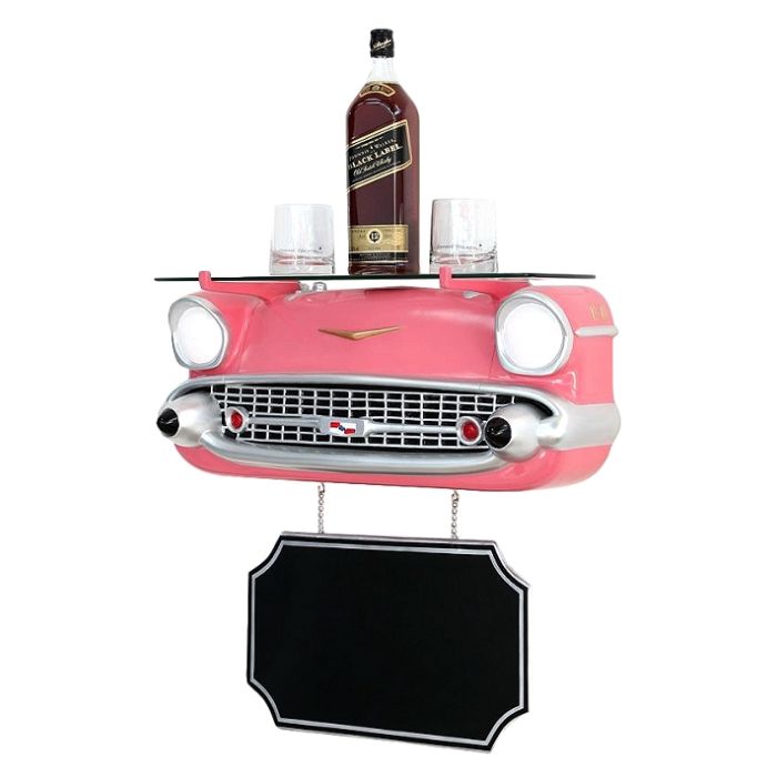 Wandregal Chevy Rosa mit Glasplatte und Angebotsschild verkleinert Angebotstafel