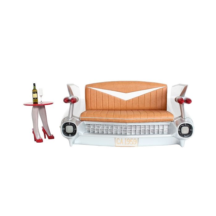 Sofa Cadillac Weiß mit braunem Polster und Zeitschriften und Get lebensgroß Sitzmöglichkeit, Tisch