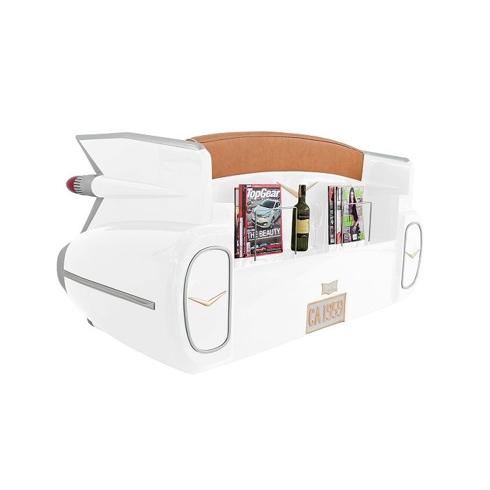 Sofa Cadillac Weiß mit braunem Polster und Zeitschriften und Get lebensgroß Sitzmöglichkeit, Tisch