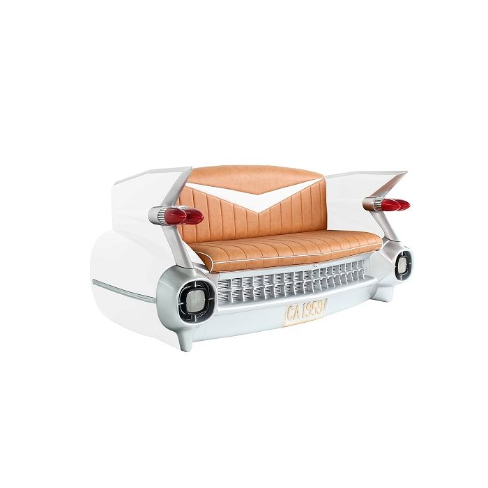 Sofa Cadillac Weiß mit braunem Polster und Zeitschriften und Get lebensgroß Sitzmöglichkeit, Tisch