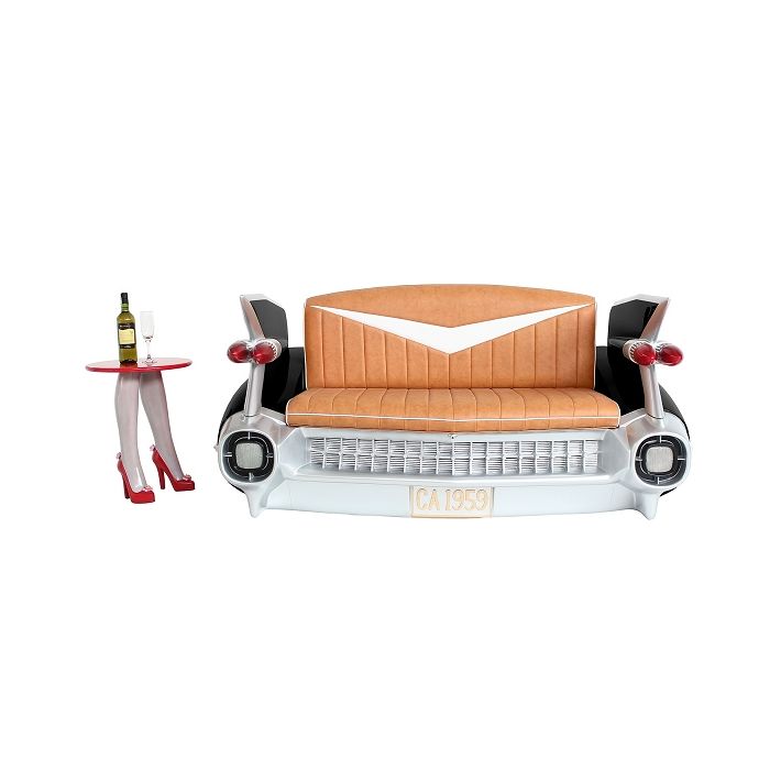 Sofa Cadillac Schwarz mit braunem Polster und Zeitschriften und  lebensgroß Sitzmöglichkeit, Tisch