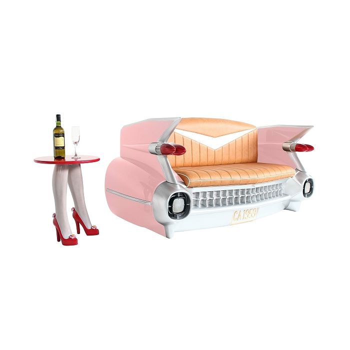 Sofa Cadillac Rosa mit braunem Polster lebensgroß Sitzmöglichkeit