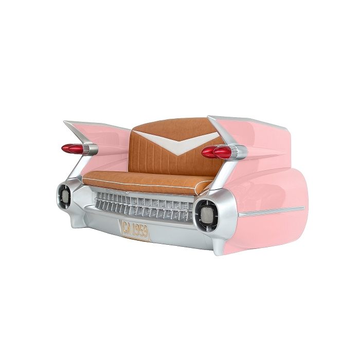 Sofa Cadillac Rosa mit braunem Polster und Zeitschriften und Get lebensgroß Sitzmöglichkeit, Tisch