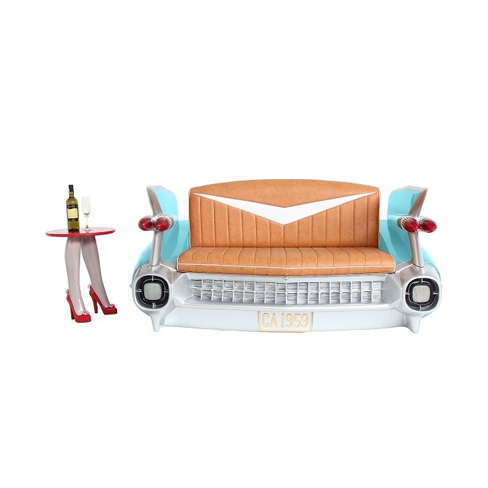 Sofa Cadillac Hellblau mit braunem Polster lebensgroß Sitzmöglichkeit, Tisch