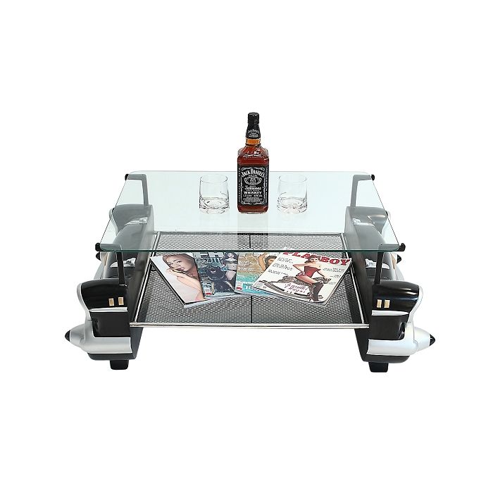 Couchtisch Chevy Schwarz mit Ablage und Glasplatte verkleinert Tisch