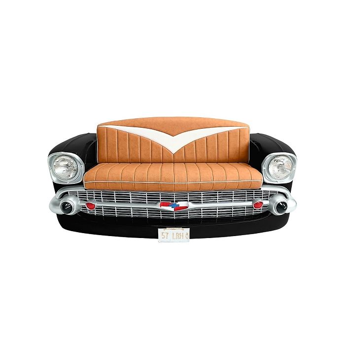 Sofa Chevy Schwarz mit braunem Polster und Zeitschriften und Get lebensgroß Sitzmöglichkeit