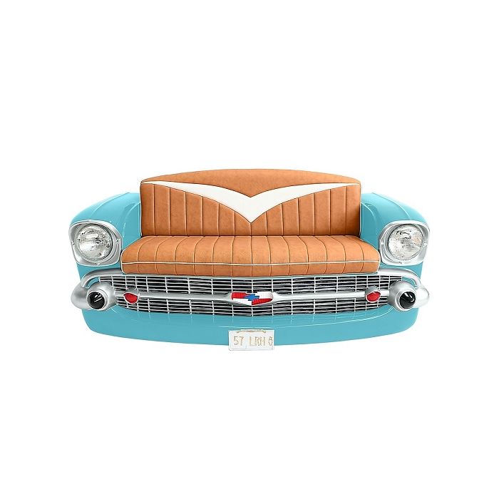 Sofa Chevy Hellblau mit braunem Polster und Zeitschriften und Ge lebensgroß Sitzmöglichkeit