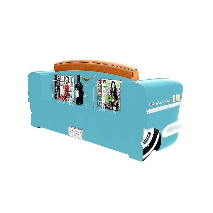 Sofa Chevy Hellblau mit braunem Polster und Zeitschriften und Ge lebensgroß Sitzmöglichkeit