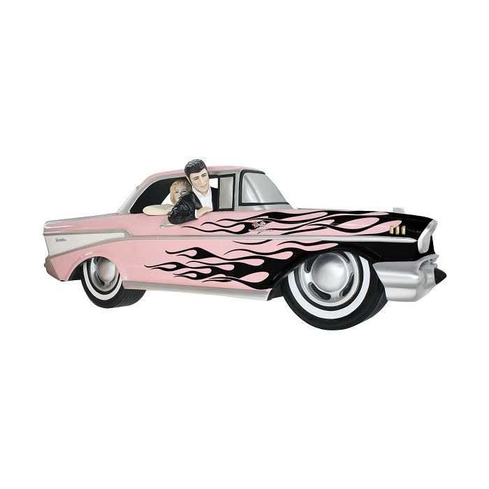 Wanddeko Chevy Rosa mit schwarzen Flammen und Elvis verkleinert Dekorationsfigur