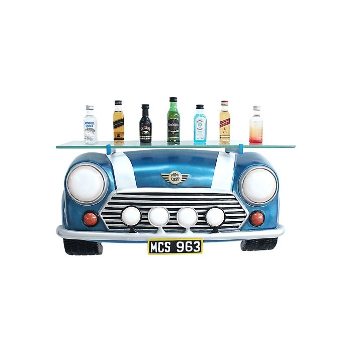 Wandregal Mini Cooper Blau mit Glasplatte verkleinert Tisch