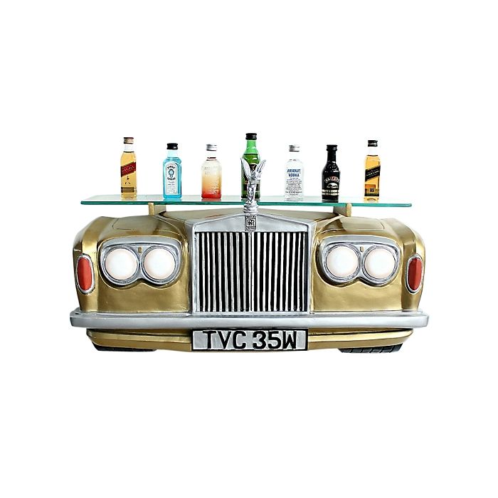Wandregal Rolls Royce Gold mit Glasplatte verkleinert Tisch