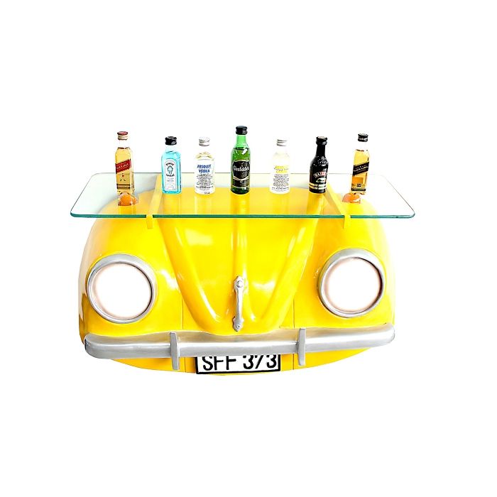 Wandregal VW Gelb mit Glasplatte verkleinert Tisch