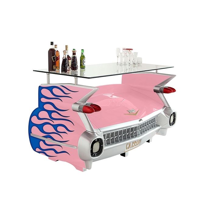 Bar Cadillac Rosa mit blauen Flammen und Kofferraumschrank lebensgroß Ablagemöglichkeit, Aufbewahrung