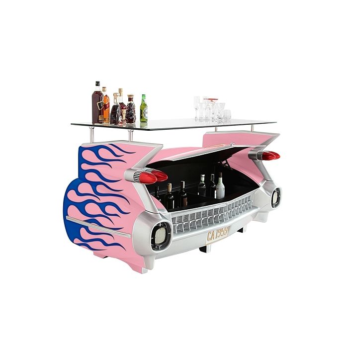 Bar Cadillac Rosa mit blauen Flammen und Kofferraumschrank lebensgroß Ablagemöglichkeit, Aufbewahrung