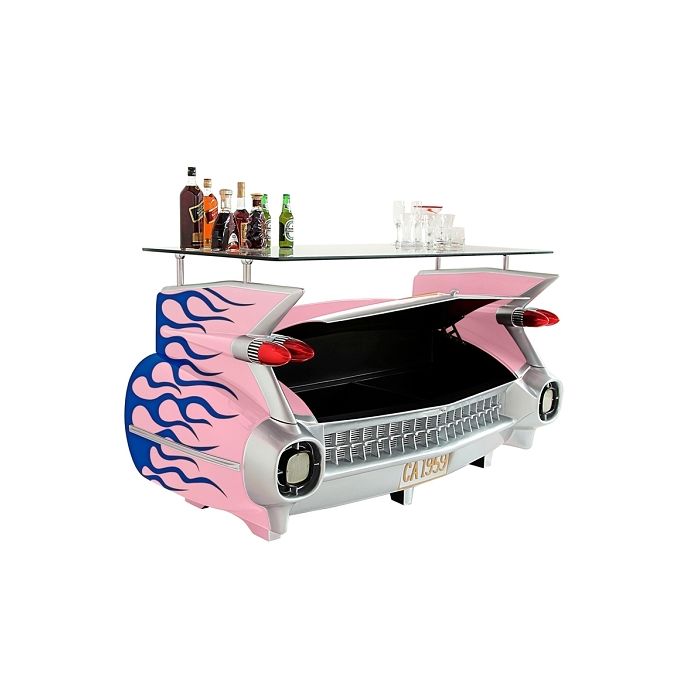 Bar Cadillac Rosa mit blauen Flammen und Kofferraumschrank lebensgroß Ablagemöglichkeit, Aufbewahrung