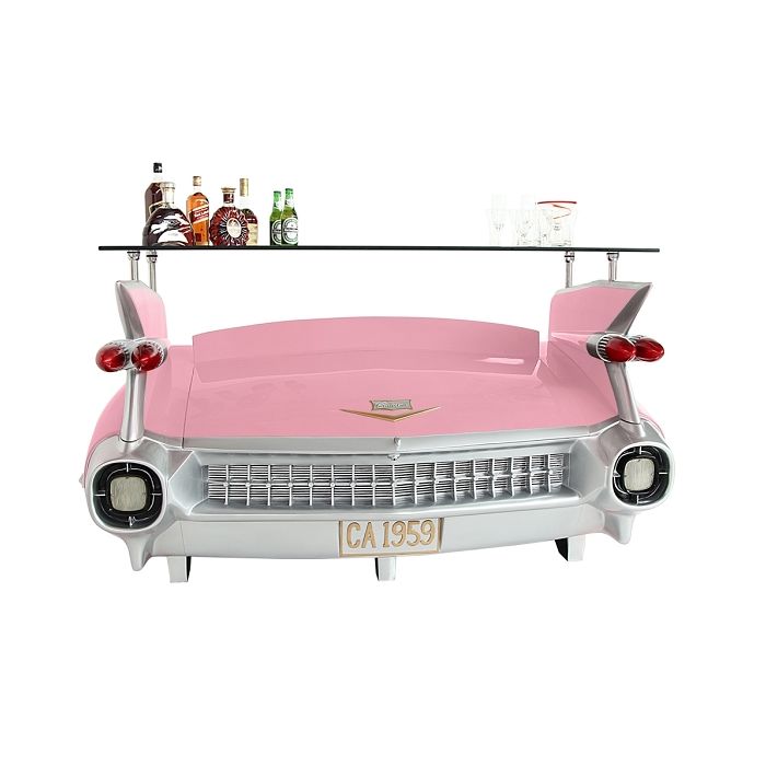 Bar Cadillac Rosa mit blauen Flammen und Kofferraumschrank lebensgroß Ablagemöglichkeit, Aufbewahrung