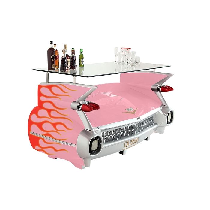 Bar Cadillac Rosa mit rot orangenen Flammen und Kofferraumschran lebensgroß Ablagemöglichkeit