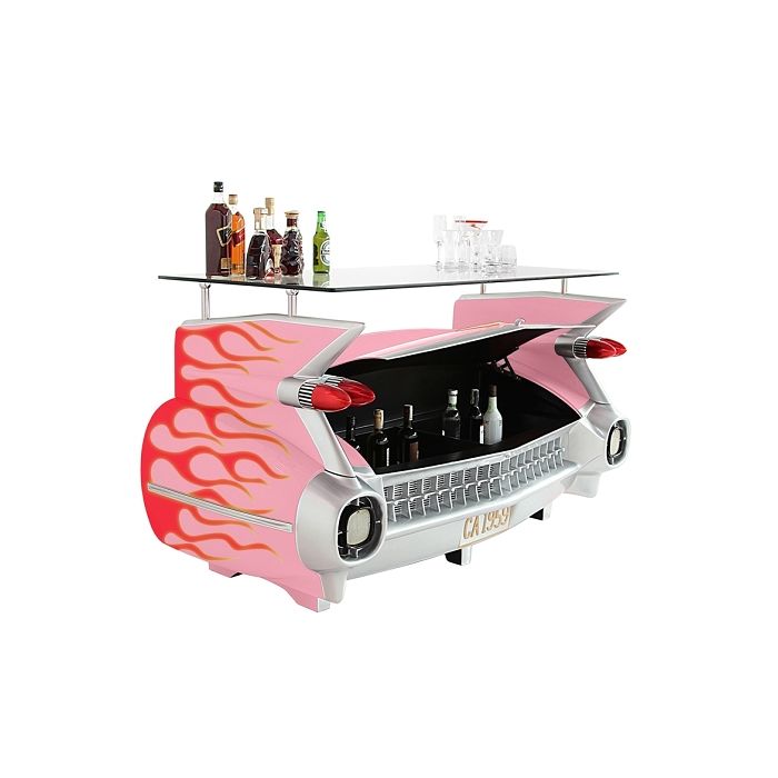 Bar Cadillac Rosa mit rot orangenen Flammen und Kofferraumschran lebensgroß Ablagemöglichkeit