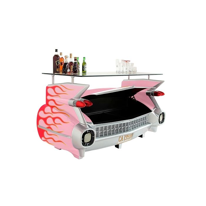 Bar Cadillac Rosa mit rot orangenen Flammen und Kofferraumschran lebensgroß Ablagemöglichkeit