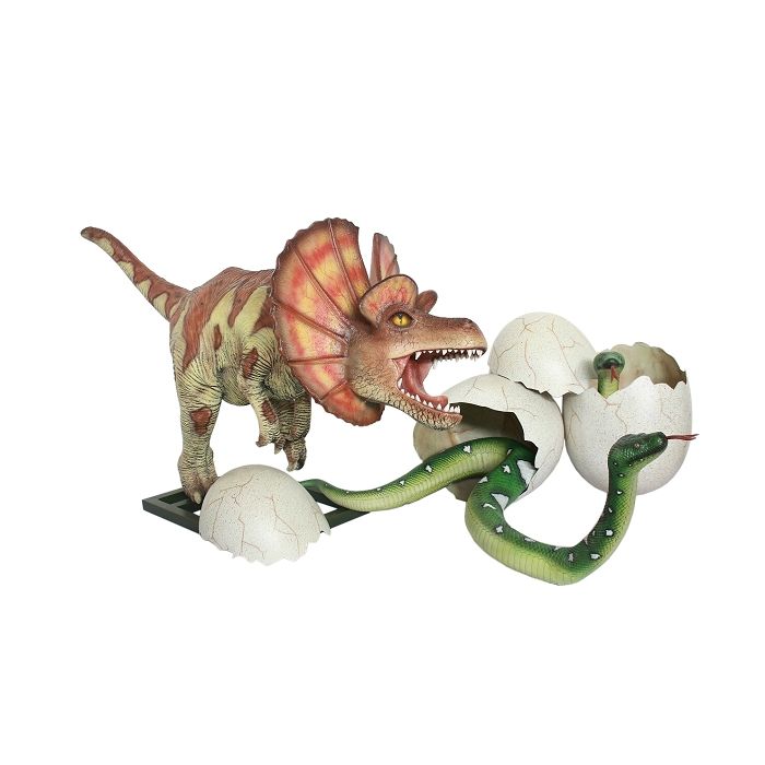 Dinosaurier Dilophosaurus greift Anakonda in Ei an lebensgroß Deko- & Werbefigur