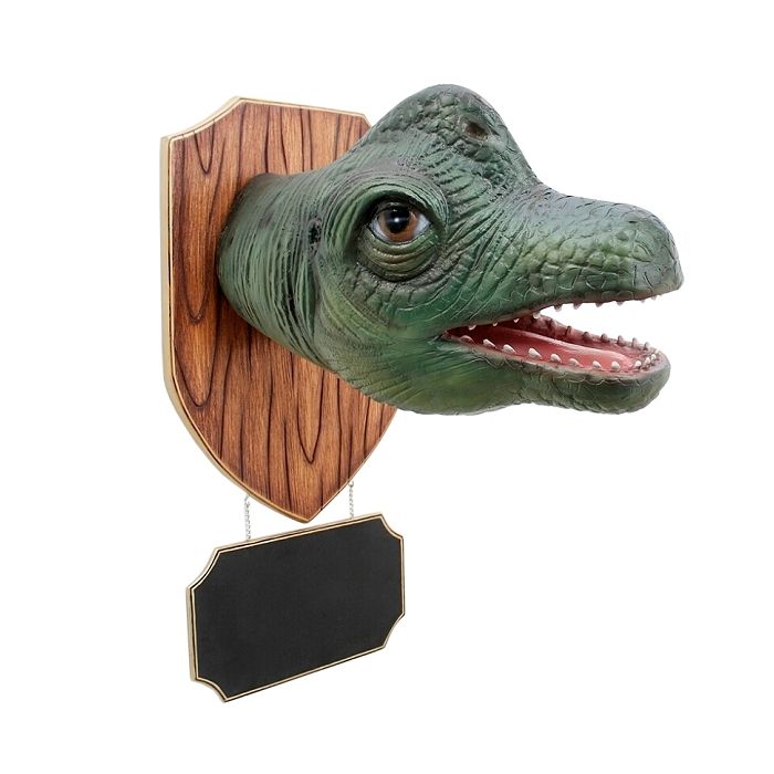 Dinosaurier Brachiosauruskopf auf Holz mit Angebotsschild lebensgroß Dekoköpfe & Büsten