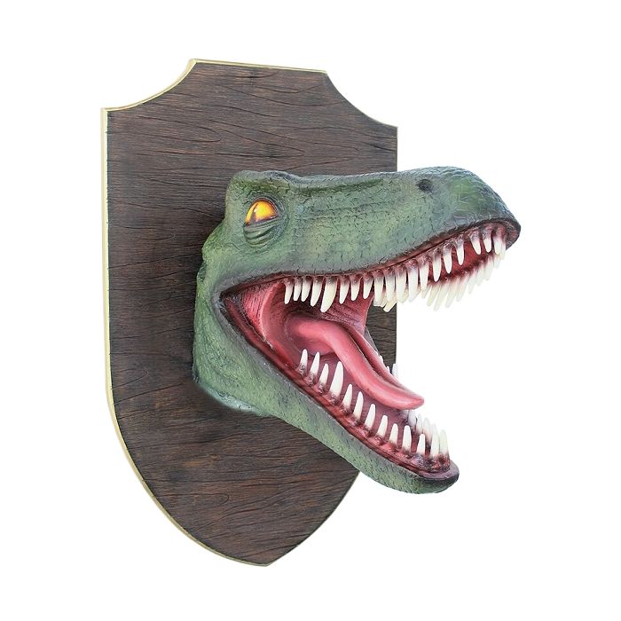 Dinosaurier Raptorkopf grün auf Holz lebensgroß Dekoköpfe & Büsten