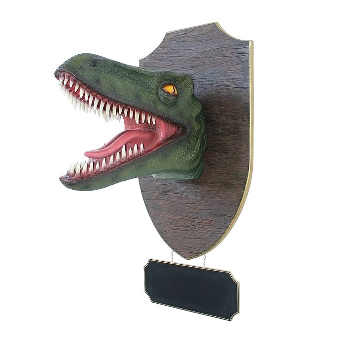 Dinosaurier Raptorkopf grün auf Holz mit Angebotsschild lebensgroß Dekoköpfe & Büsten