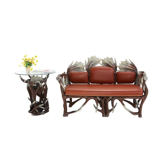 Geweihsofa und kleines Tischlein mit Glasplatte lebensgroß Sitzmöglichkeit, Tisch