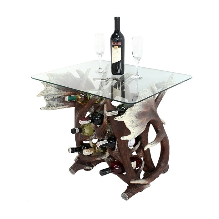 Geweih Tisch mit Glasplatte und Weinhalterung  lebensgroß Tisch