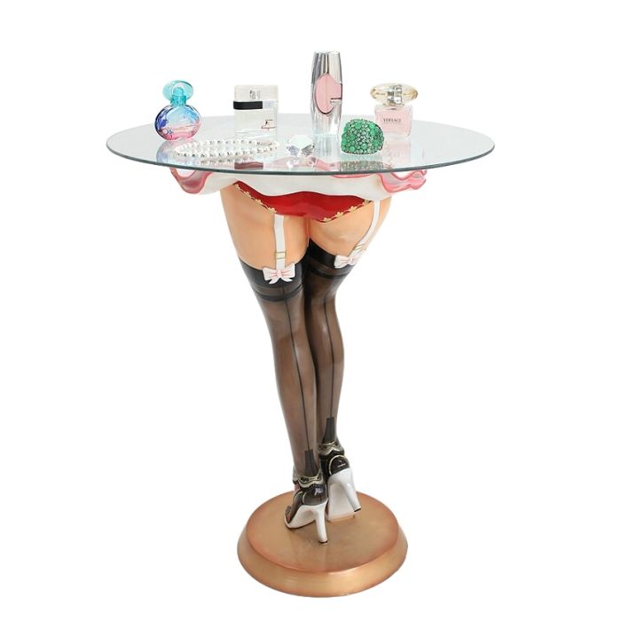 Sexy Frauenbeine mit schwarzen Strümpfen Tisch mit Glasplatte lebensgroß Tisch