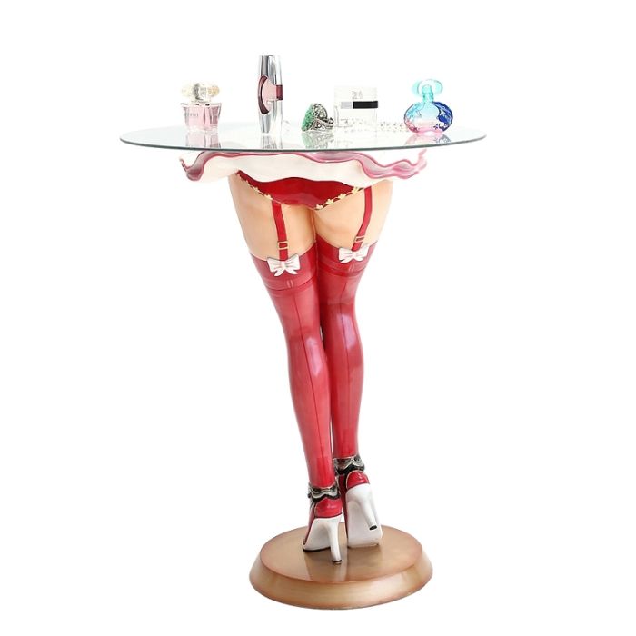 Sexy Frauenbeine mit roten Strümpfen Tisch mit Glasplatte lebensgroß Tisch
