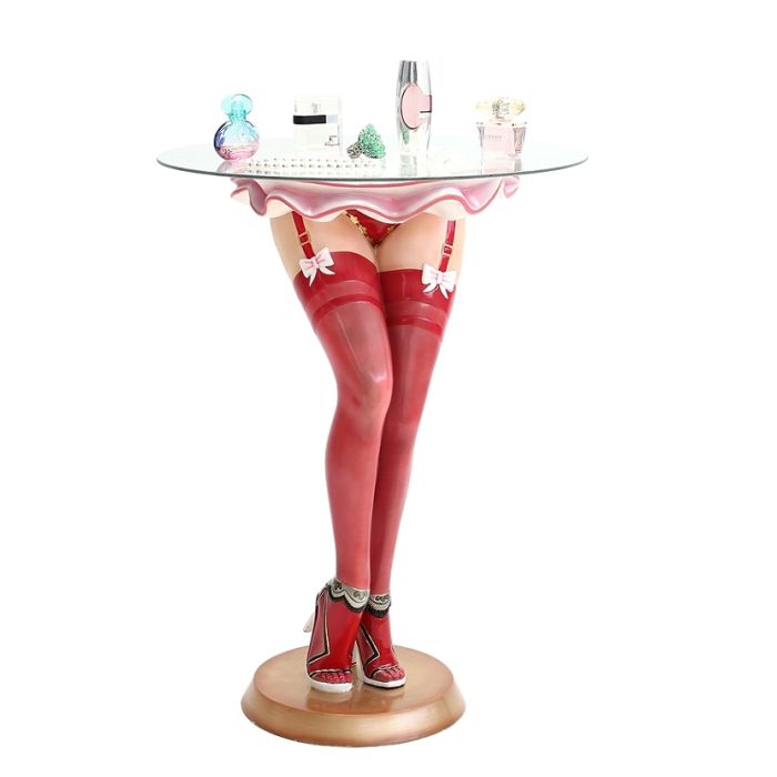 Sexy Frauenbeine mit roten Strümpfen Tisch mit Glasplatte lebensgroß Tisch