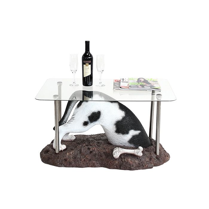 Schwarzweißer Hund buddelnd Tisch mit Glasplatte lebensgroß Tisch