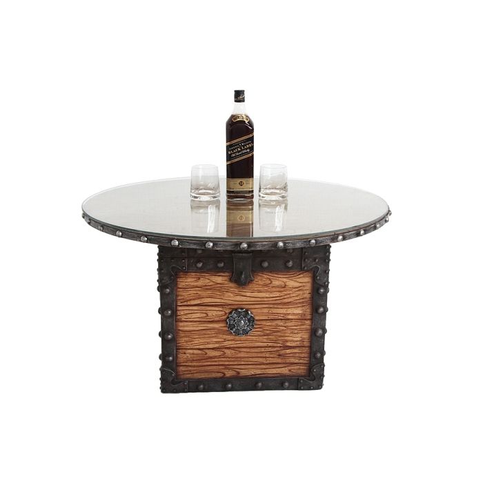 Truhe Tisch mit Holz und Glasplatte lebensgroß Tisch