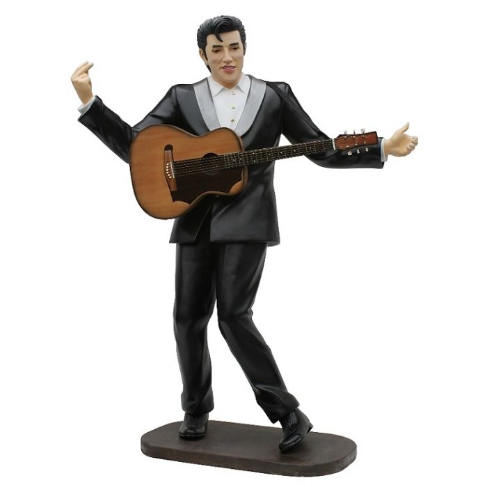 Elvis im schwarzen Anzug mit brauner Gitarre lebensgroß Deko- & Werbefigur
